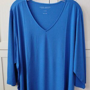 Susan Graver Blue Liquid Knit V-neck Tunic 3/4 Sleeve-5X Petite Length -NWT